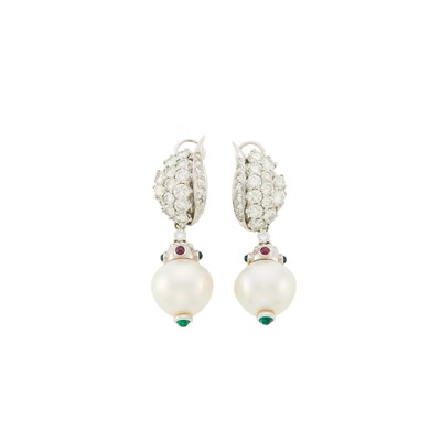 Lot 1133 - Pair of White Gold, Diamond, Freshwater Cultured Pearl and Colored Stone Pendant Earclips