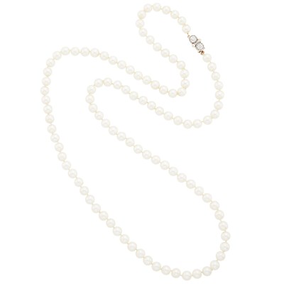 Lot 1198 - Long Cultured Pearl Necklace with Gold and Diamond Clasp