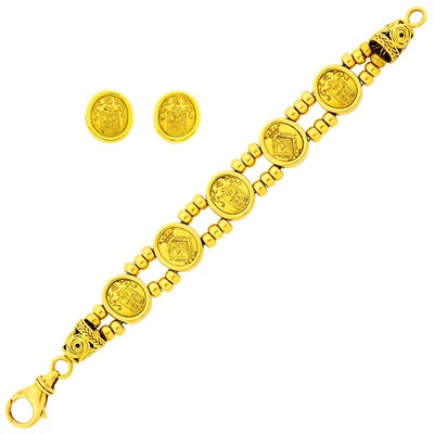Lot 89 - Double Strand Gold Bead and Medallion Bracelet and Pair of Earclips