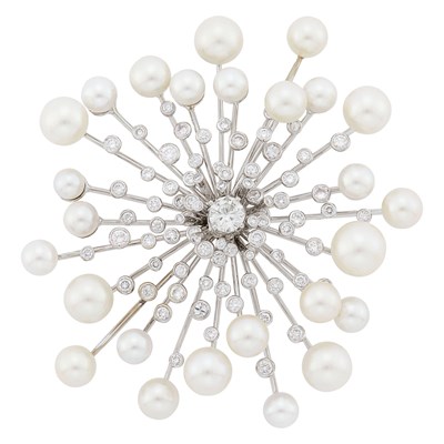 Lot 38 - White Gold, Cultured Pearl and Diamond Starburst Brooch