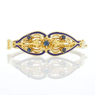Lot 1209 - Gold, Sapphire and Blue Enamel Bangle Bracelet