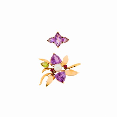 Lot 1223 - Gold, Amethyst, Peridot, Ruby and Cultured Pearl Brooch and Amethyst and Diamond Ring