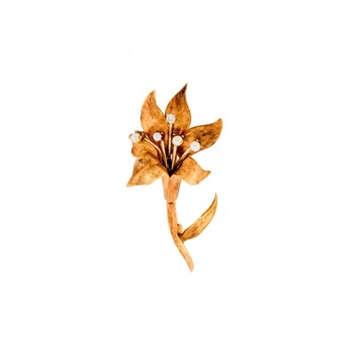 Lot 1212 - Gold, Cultured Pearl and Diamond Flower Brooch