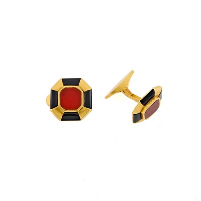Lot 1049 - Pair of Gold, Carnelian and Black Enamel Cufflinks