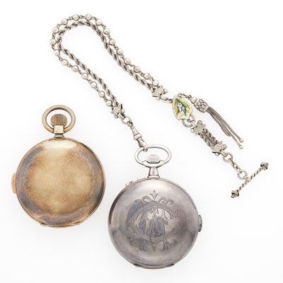Lot 1307 - Silver-Gilt and Enamel Quarter Hour Repeater Pocket Watch and Silver Minute Repeater Hunting Case Pocket Watch with Chain