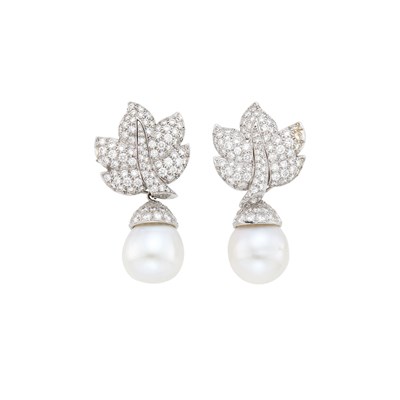 Lot 123 - Pair of Platinum, Diamond and South Sea Cultured Pearl Pendant-Earclips