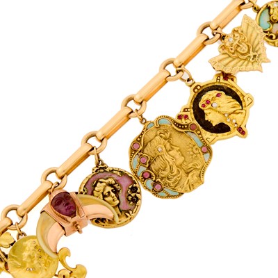 Lot 1175 - Gold and Enamel Charm Bracelet