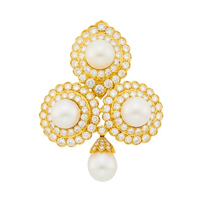 Lot 250 - Gold, South Sea Cultured Pearl and Diamond Pendant Clip-Brooch