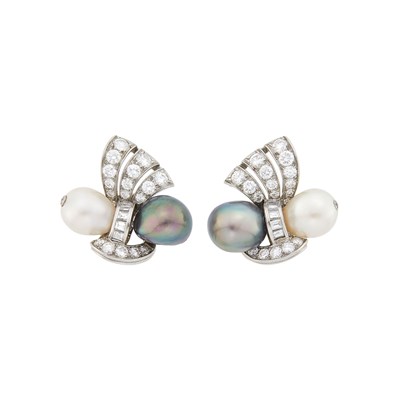 Lot 283 - Pair of Platinum, White and Gray Natural Pearl and Diamond Earclips