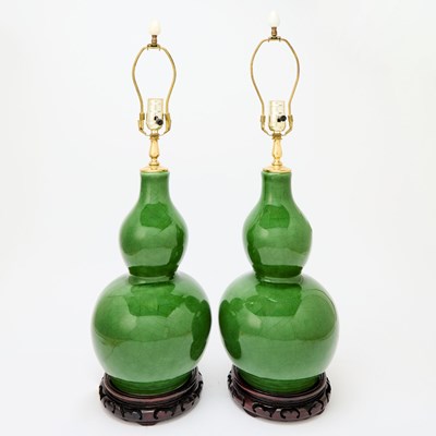 Lot 169 - Pair of Green Glazed Gourd Vases Mounted as Lamps