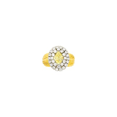 Lot 139 - Two-Color Gold, Fancy Intense Yellow Diamond and Diamond Ring