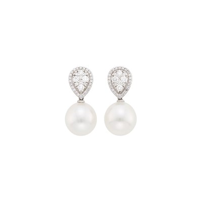 Lot 61 - Pair of White Gold, Diamond and South Sea Cultured Pearl Pendant-Earrings