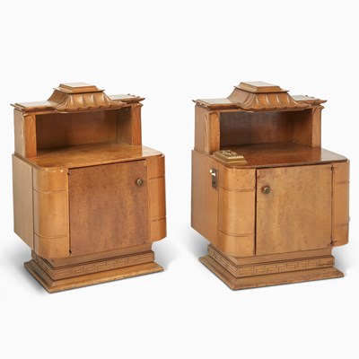 Lot 327 - Pair of Custom T.H. Robsjohn-Gibbings Carved Harewood and Amboyna Bedside Cabinets