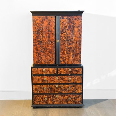 Lot 1032 - William & Mary Mulberry Veneer and Part-Ebonized Bureau Bookcase