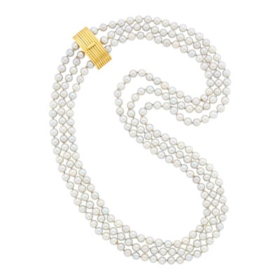 Lot 1258 - Triple Strand Cultured Pearl Necklace with Gold Clasp