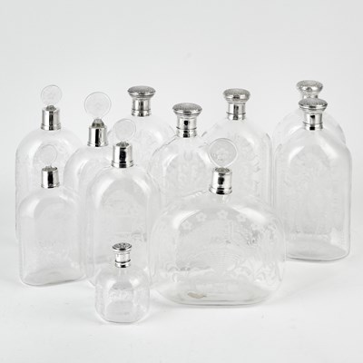 Lot 3158 - Group of Eleven Etched Glass and Silver Decanters