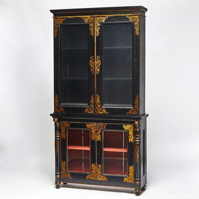 Lot 190 - Regency Style Black Painted and Gilt Decorated Wood Cabinet