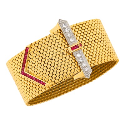 Lot 38 - Wide Gold, Platinum, Diamond and Synthetic Ruby Buckle Slide Bracelet
