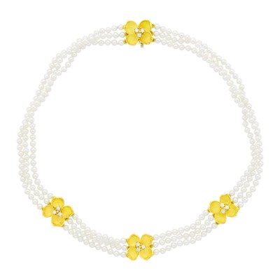 Lot 8 - Tiffany & Co. Triple Strand Cultured Pearl and Diamond 'Tiffany Classics Dogwood' Necklace