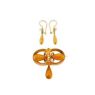 Lot 1116 - Archaeological Revival Gold and Split Pearl Brooch and Pair of Earrings