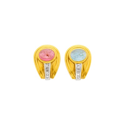 Lot 1029 - Pair of Two-Color Gold, Cabochon Pink Tourmaline, Aqamarine and Diamond Earclips