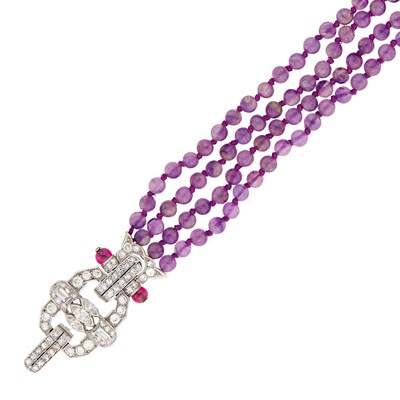 Lot 56 - Four Strand Amethyst Bead Bracelet with Platinum, Diamond and Synthetic Ruby Bead Clasp with Interchangeable Coral Bead Bracelet