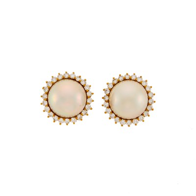 Lot 1042 - Pair of Gold, Mabé Pearl and Diamond Earrings