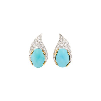 Lot 79 - Pair of Platinum, Gold, Turquoise and Diamond Earclips