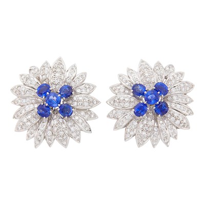Lot 135 - Pair of White Gold, Sapphire and Diamond Flower Earclips