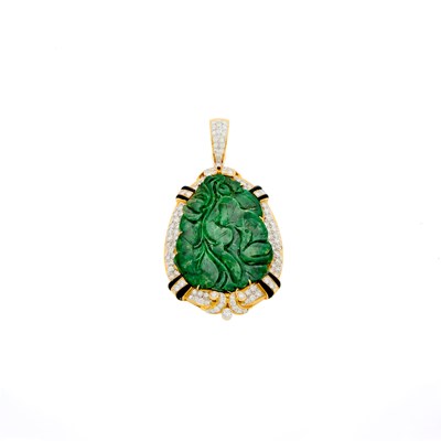 Lot 1240 - Two-Color Gold, Carved Jade, Black Enamel and Diamond Pendant-Brooch