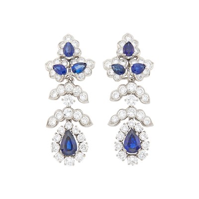 Lot 175 - Tiffany & Co. Pair of Platinum, White Gold, Sapphire and Diamond Pendant-Earclips