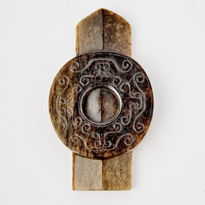 Lot 14 - A Chinese Archaistic Mottled Jade Ceremonial Blade and Disc, Bi