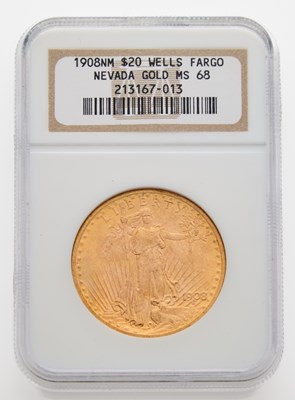 Lot 23 - United States. 1908 No Motto St. Gaudens Double Eagle. NGC MS-68, Wells Fargo Hoard.
