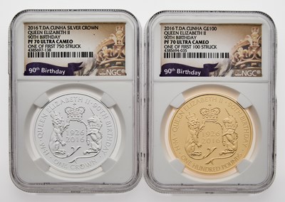 Lot 74 - Tristan da Cunha. 2016 Queen's 90th Birthday £100 and One Crown Commemorative Coins. NGC PF-70 UCAM.
