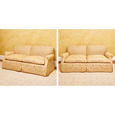 Lot 140 - Pair of Yellow Silk Damask Upholstered Two-Seat Sofas
