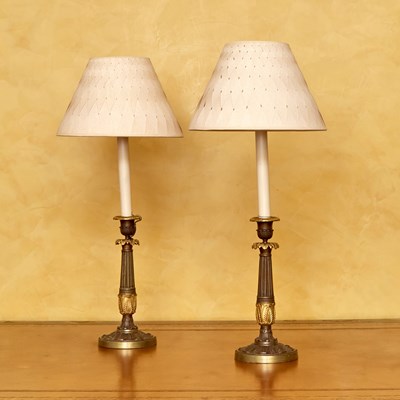 Lot 194 - Pair of Neoclassical Style Gilt and Patinated Bronze Candlestick Lamps