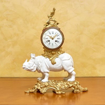 Lot 185 - Louis XV Style Gilt-Bronze Mounted Porcelain Rhinoceros-Form Mantel Clock