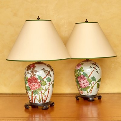 Lot 73 - Pair of Chinese Enameled Porcelain Jars, Mounted as Lamps