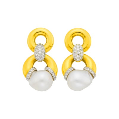 Lot 18 - Pair of Two-Color Gold, Baroque South Sea Cultured Pearl and Diamond Pendant-Earclips