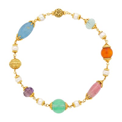 Lot 167 - Gold, Colored Stone Bead and Semi-Baroque Cultured Pearl 'Baroque' Necklace