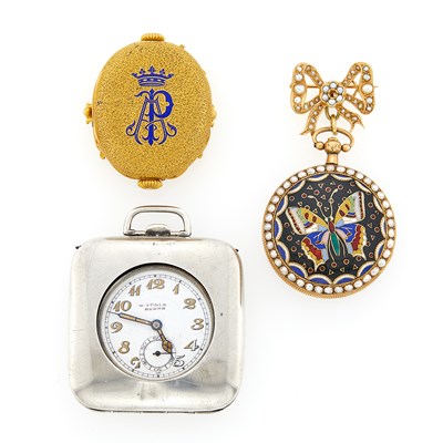 Lot 1156 - Two Gold and Gilt-Metal Pocket Watches and Sterling Silver Travel Clock