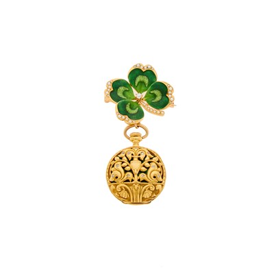 Lot 1157 - A. Stowell & Co. Gold, Enamel, Diamond and Split Pearl Clover Pendant-Watch