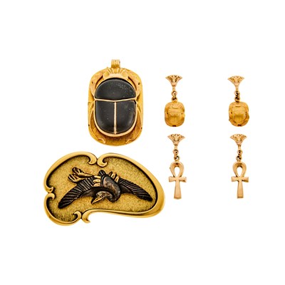 Lot 1203 - Potter Mellen Gold and Shakudo Crane Brooch and Group of Gold Jewelry