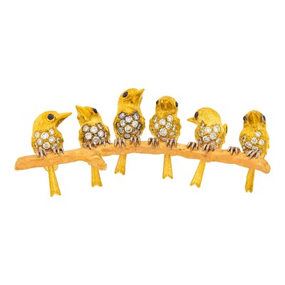 Lot 103 - Two-Color Gold, Diamond and Sapphire Birds on Branch Brooch