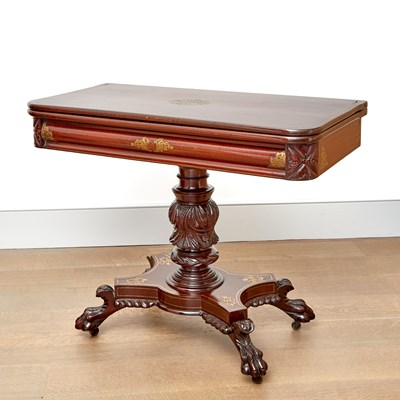 Lot 106 - American Classical Brass Inlaid Mahogany Fold Over Games Table