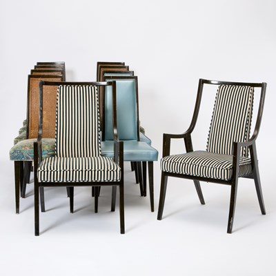 Lot 332 - Assembled Set of Ten Harvey Probber Upholstered and Caned Walnut Dining Chairs