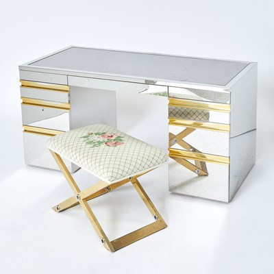 Lot 388 - Karl Springer Style Brass and Stainless Steel Vanity and Upholstered Stool
