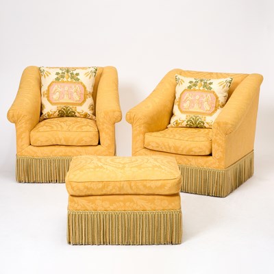 Lot 218 - Pair of Damask Upholstered Lounge Chairs