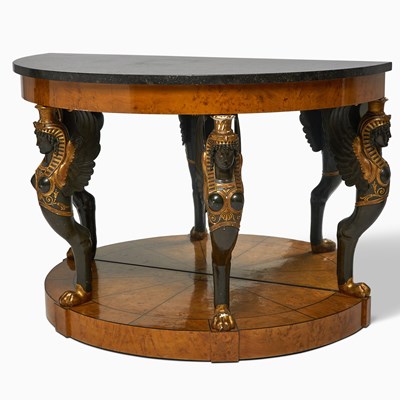 Lot 353 - Baltic Neoclassical Gilt and Painted Karelian Birchwood Demilune Console
