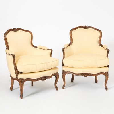 Lot 295 - Pair of Louis XV Style Upholstered Fruitwood Bergères